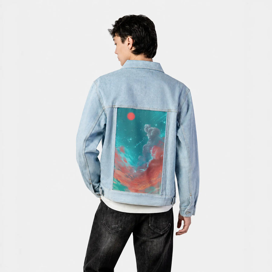 onceuponadream patch on male og denim jacket in oceanside