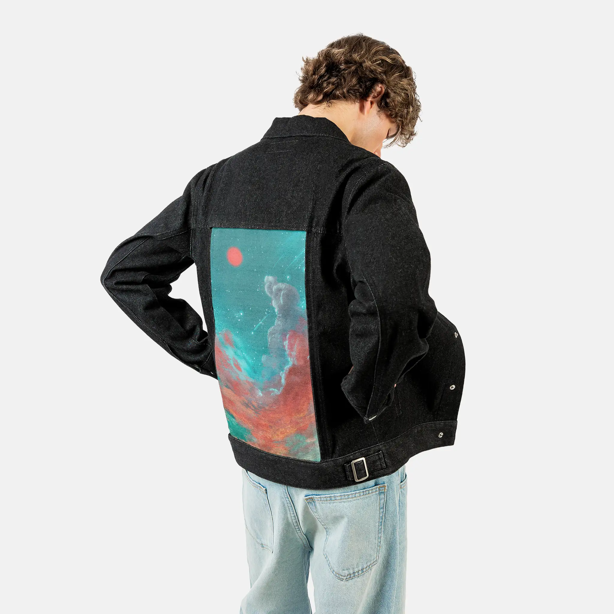 onceuponadream patch on male og denim jacket in raven