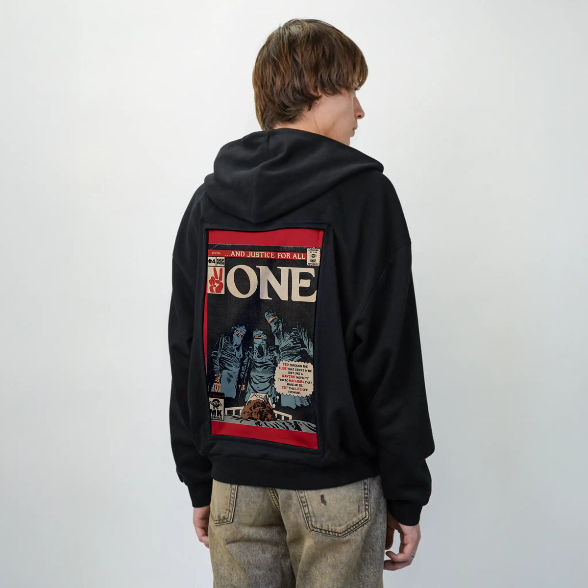 one patch on male essential zip hoodie in after hours