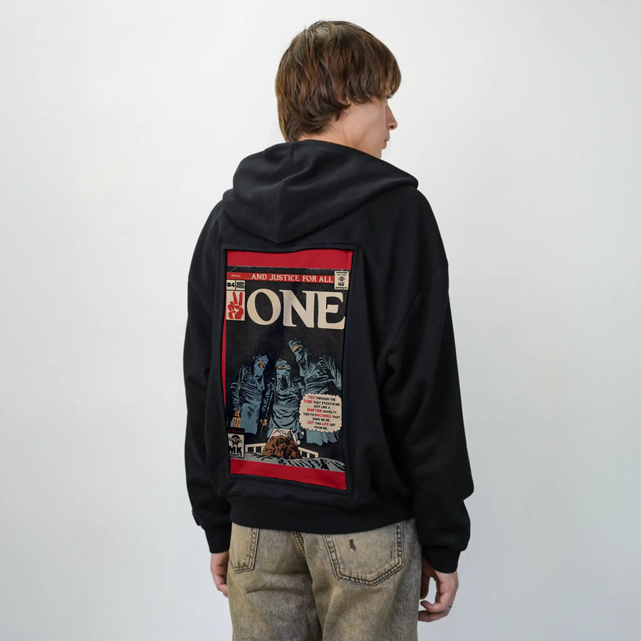 one patch on male essential zip hoodie in after hours