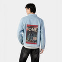 one patch on male og denim jacket in oceanside