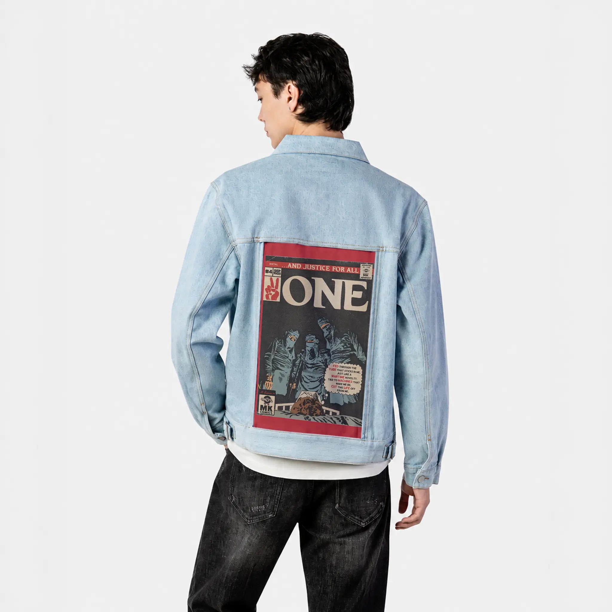one patch on male og denim jacket in oceanside