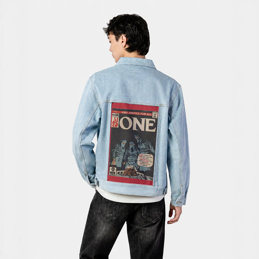 one patch on male og denim jacket in oceanside