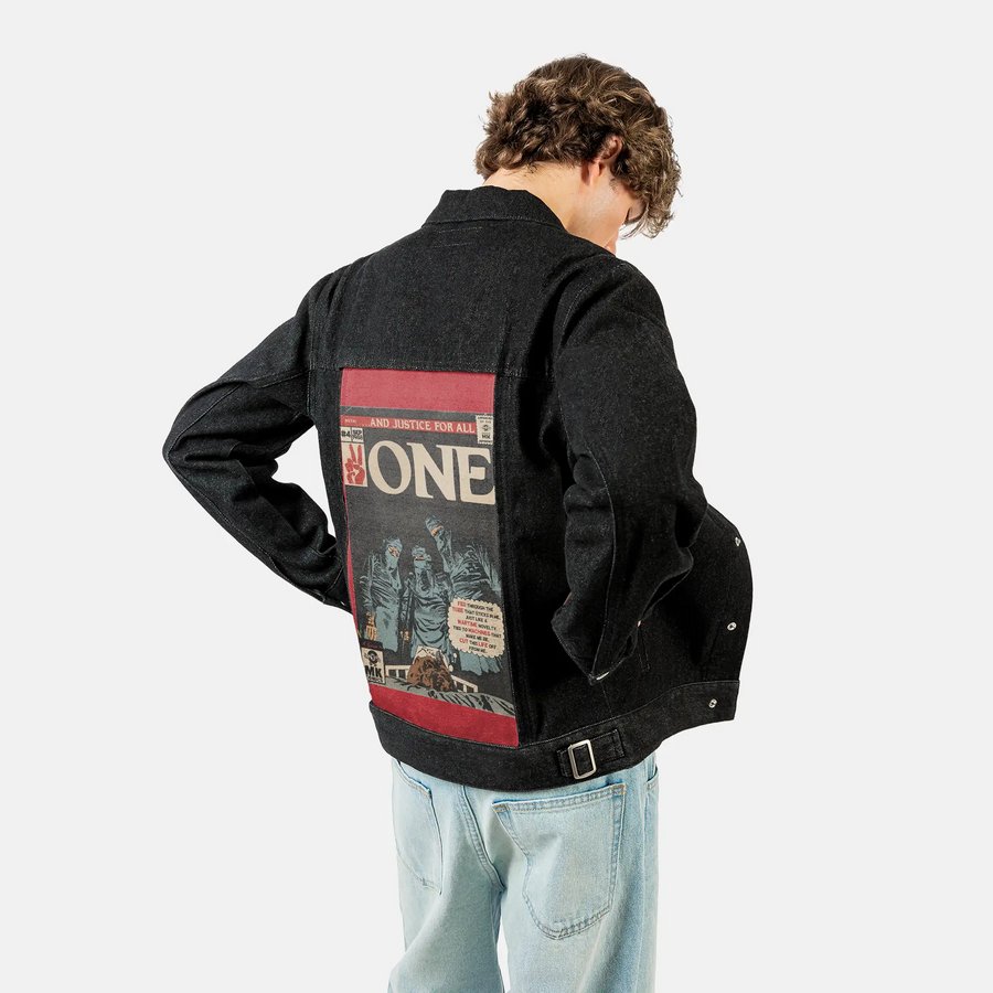 one patch on male og denim jacket in raven