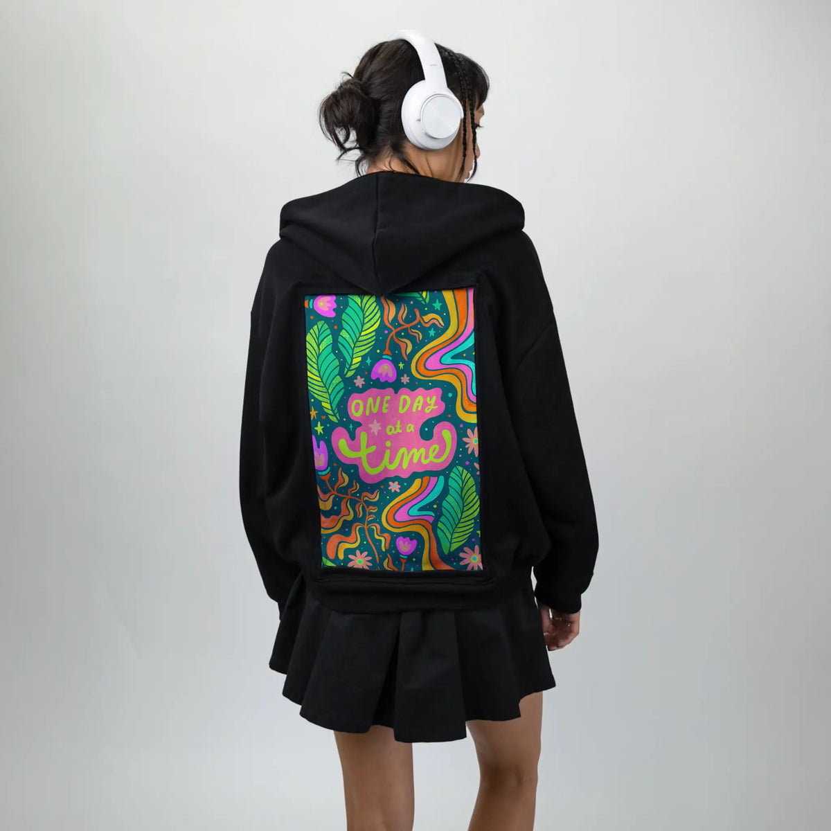 onedayatatime patch on female essential zip hoodie in after hours