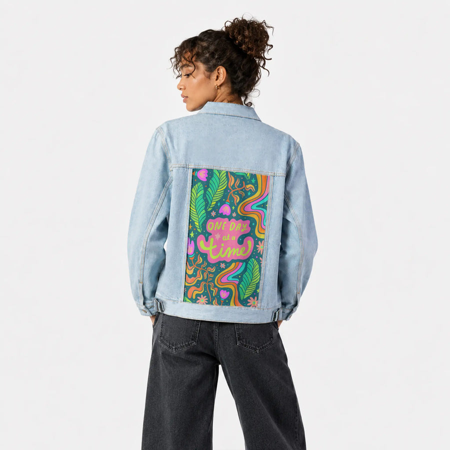 onedayatatime patch on female og denim jacket in oceanside
