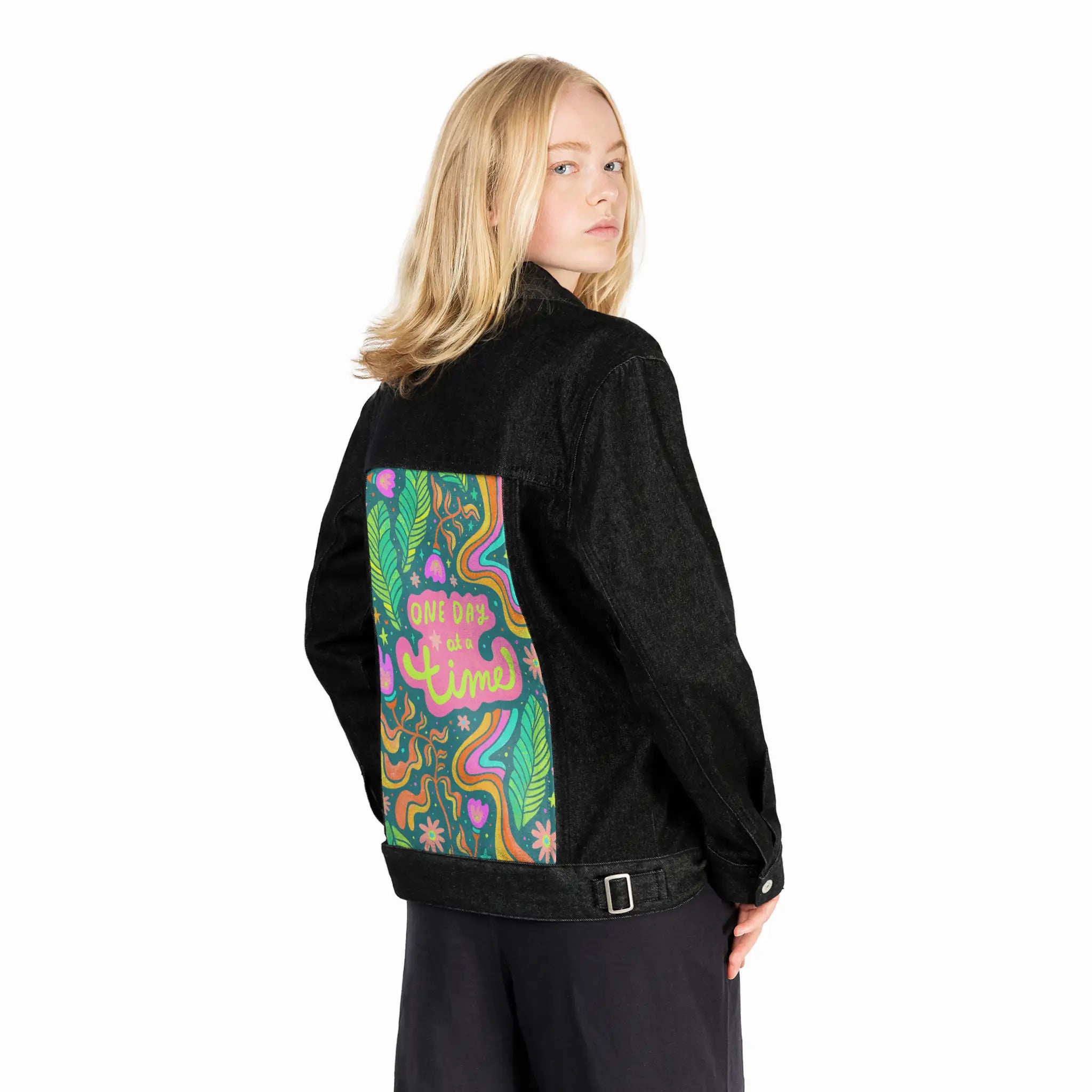 onedayatatime patch on female og denim jacket in raven
