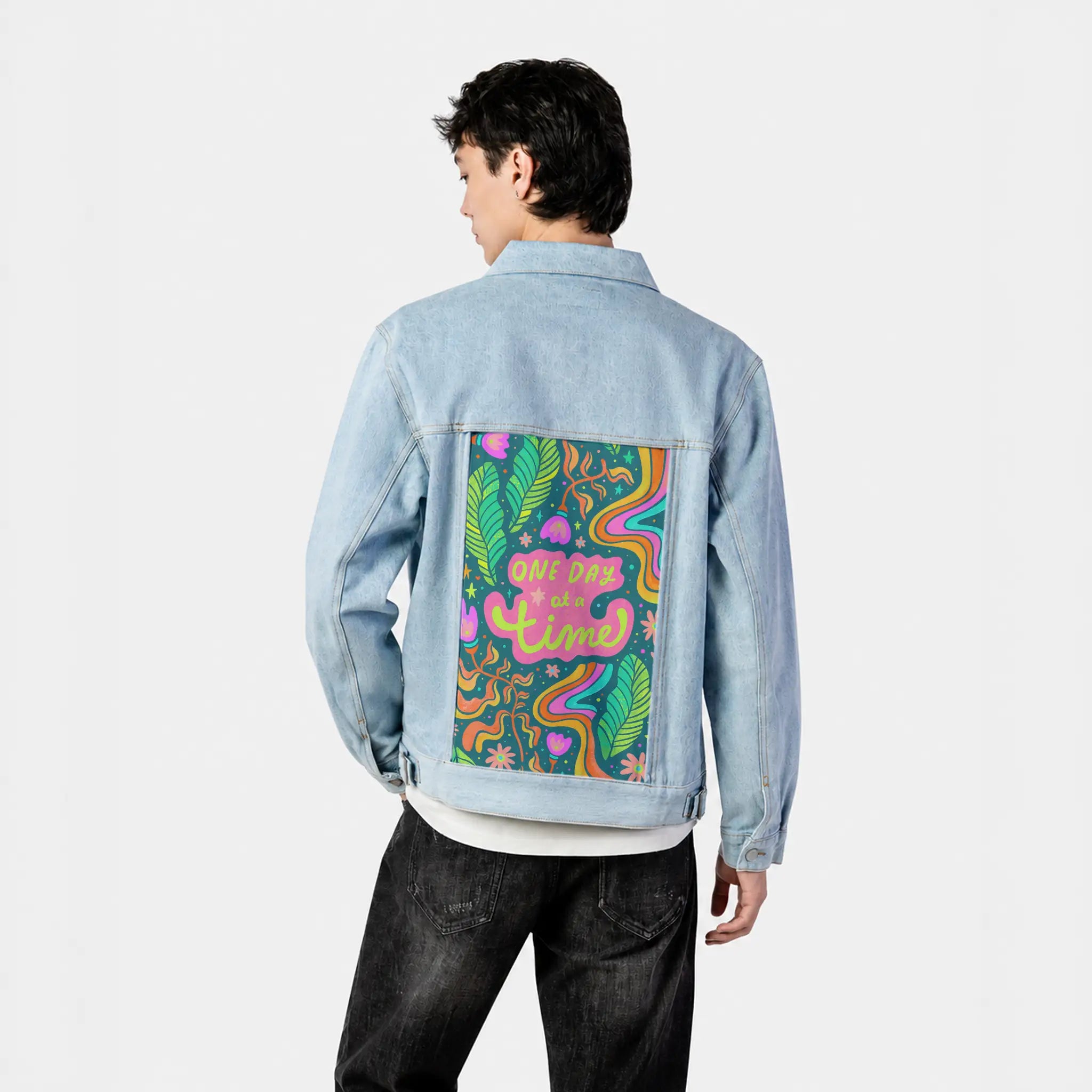 onedayatatime patch on male og denim jacket in oceanside