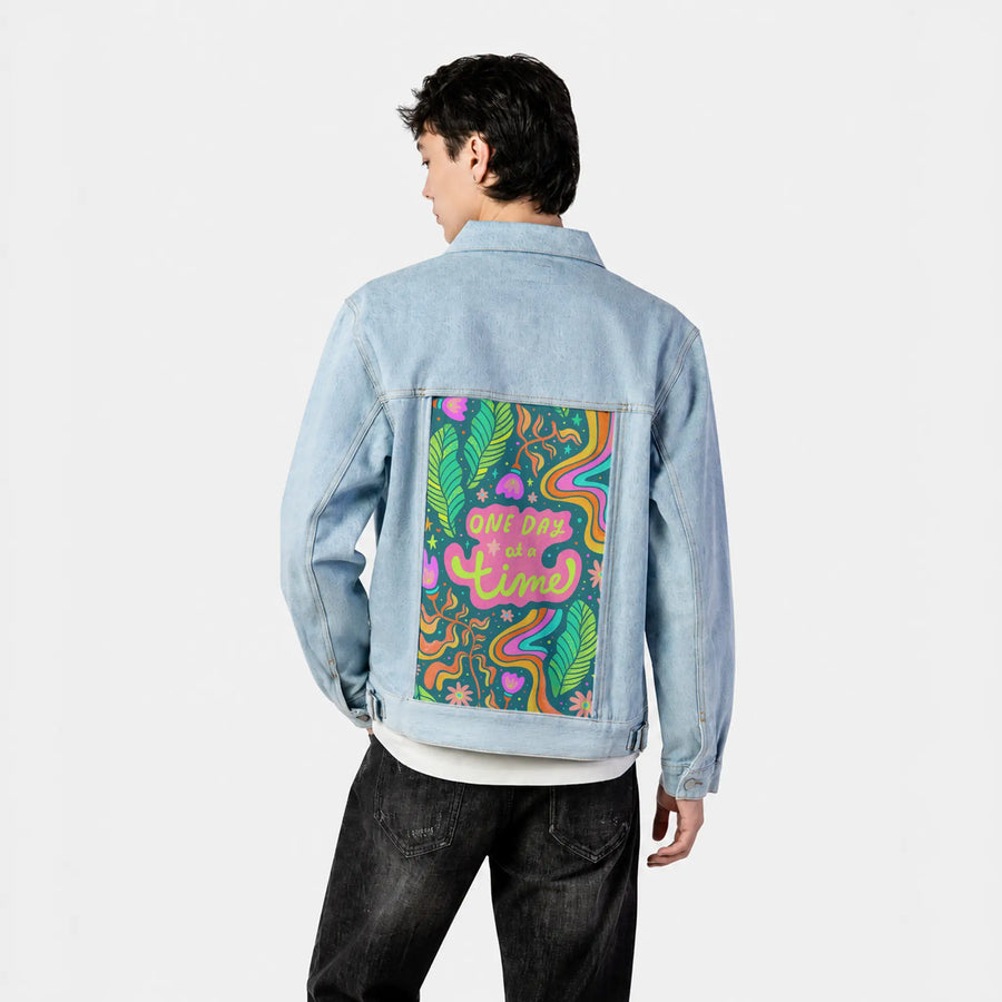 onedayatatime patch on male og denim jacket in oceanside