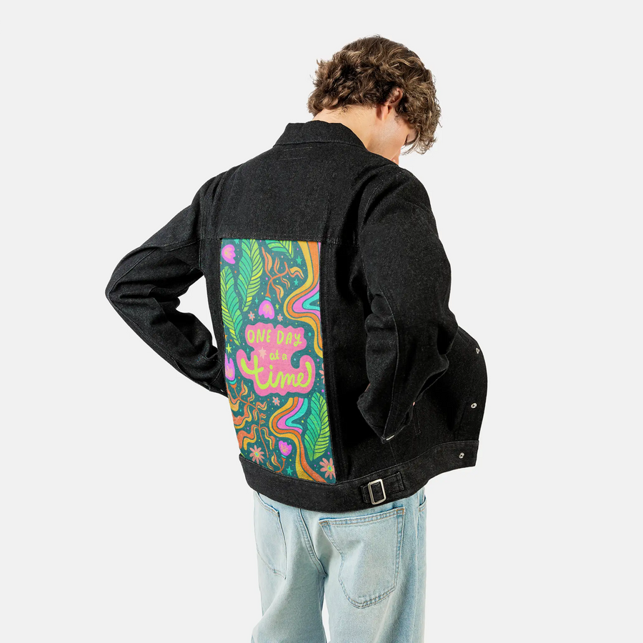 onedayatatime patch on male og denim jacket in raven
