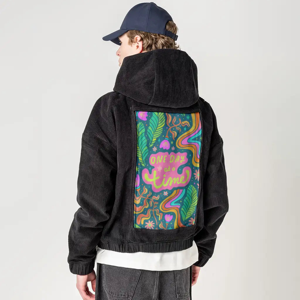 onedayatatime patch on male retro cord hoodie in onyx