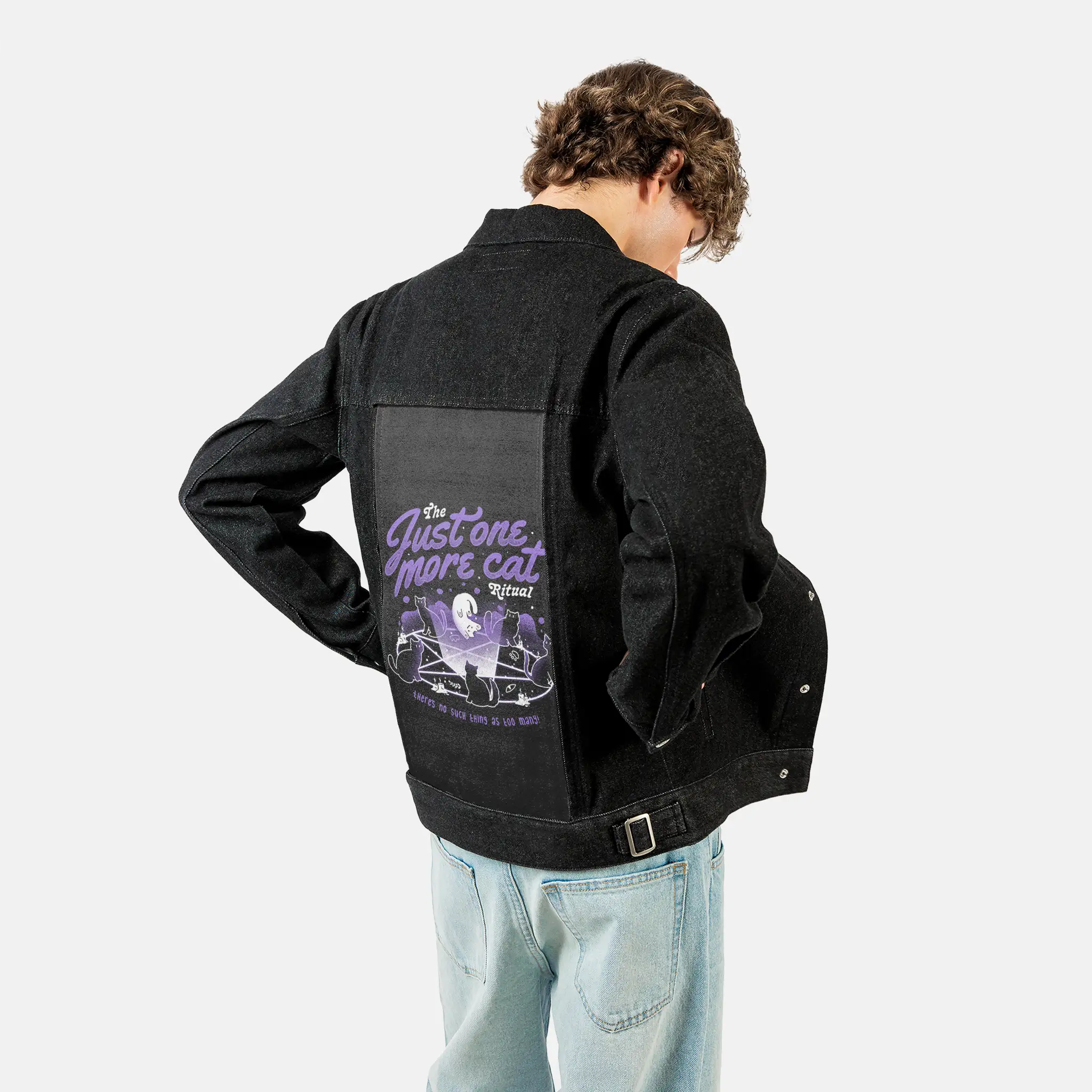 onemorecatritual patch on male og denim jacket in raven
