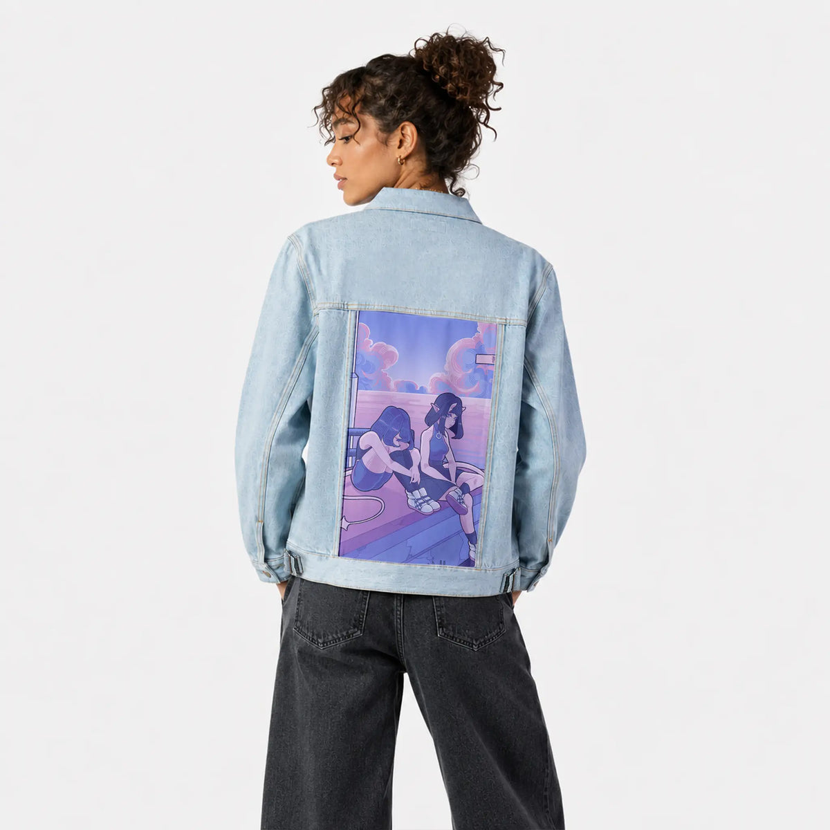 onemoretime patch on female og denim jacket in oceanside