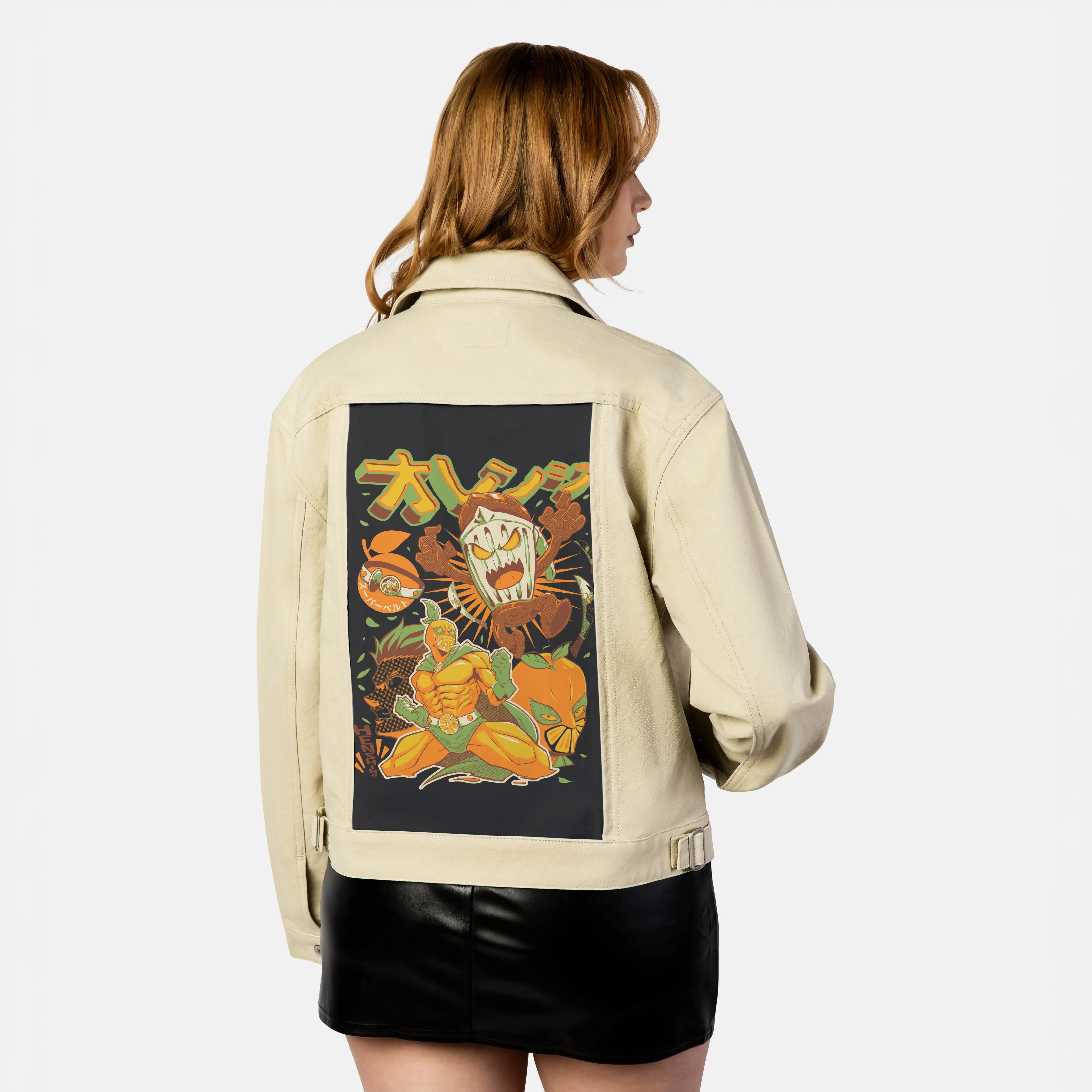 orangehenshin patch on female atelier canvas jacket in tan