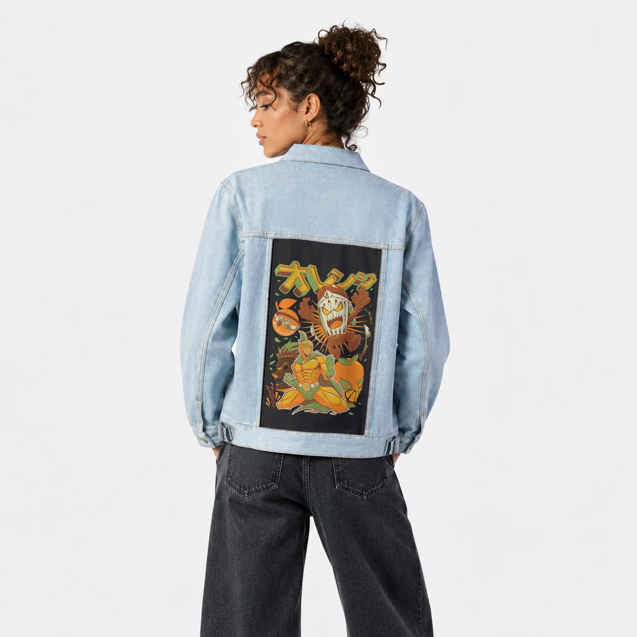 orangehenshin patch on female og denim jacket in oceanside