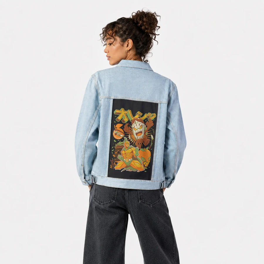 orangehenshin patch on female og denim jacket in oceanside
