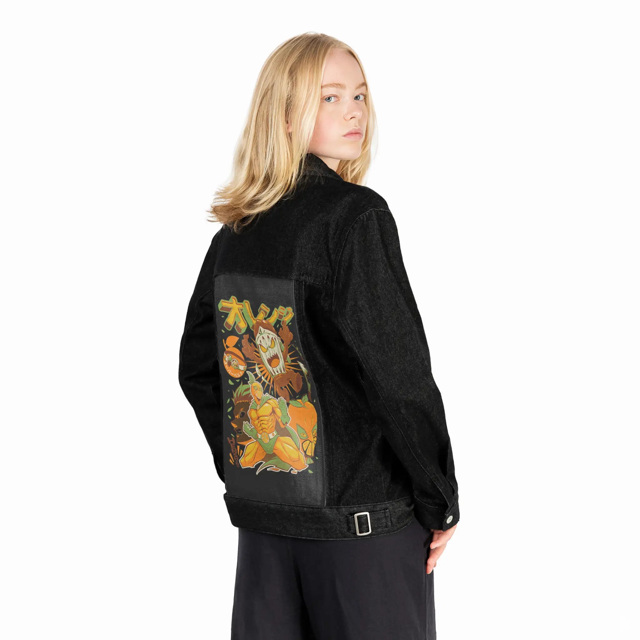 orangehenshin patch on female og denim jacket in raven