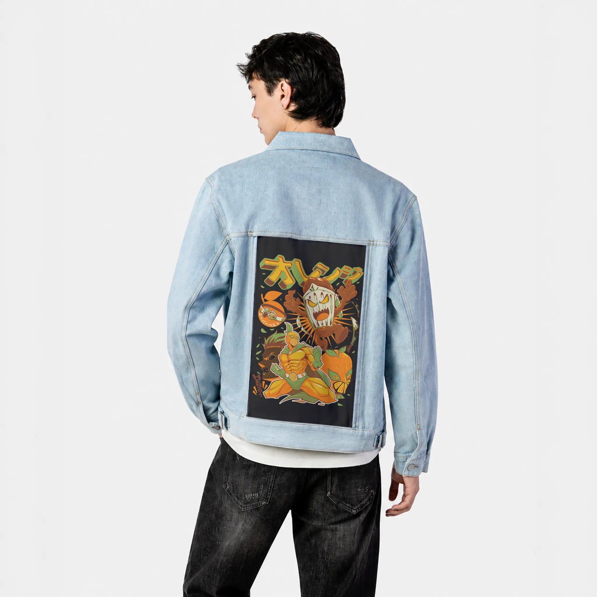 orangehenshin patch on male og denim jacket in oceanside