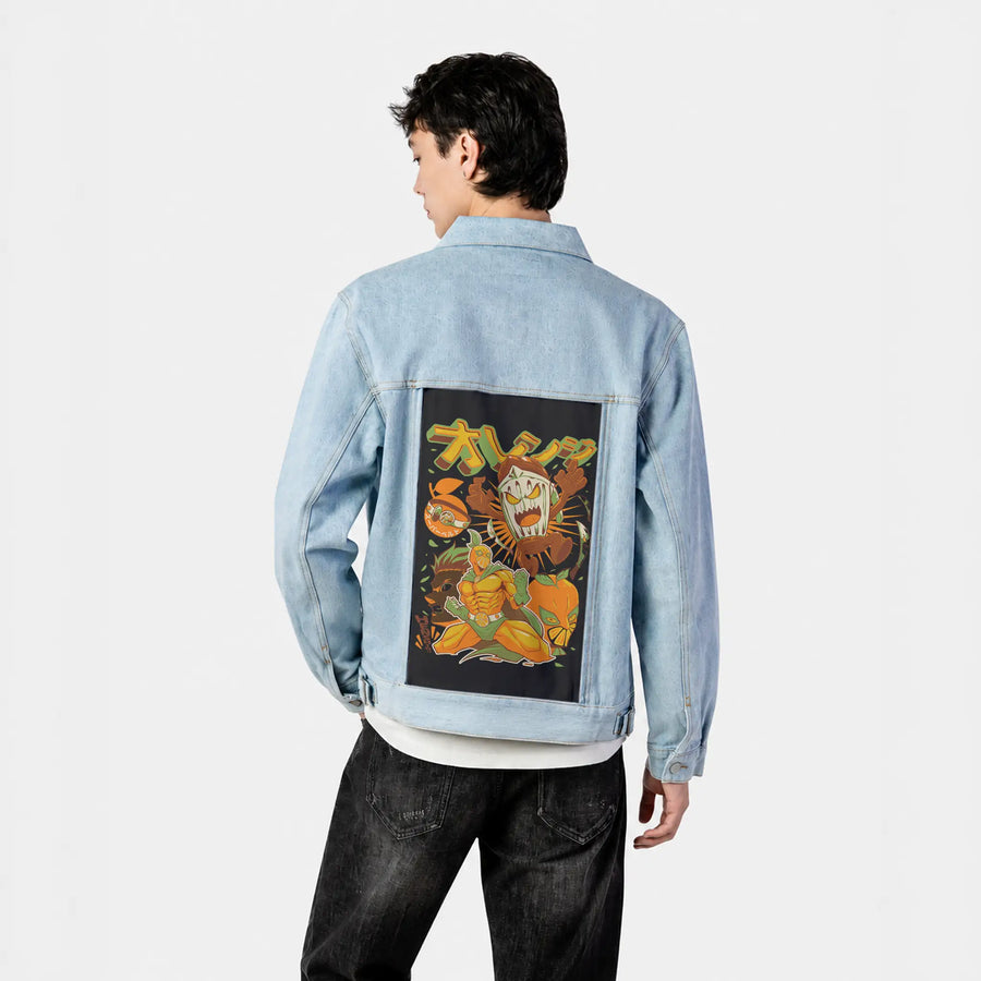 orangehenshin patch on male og denim jacket in oceanside