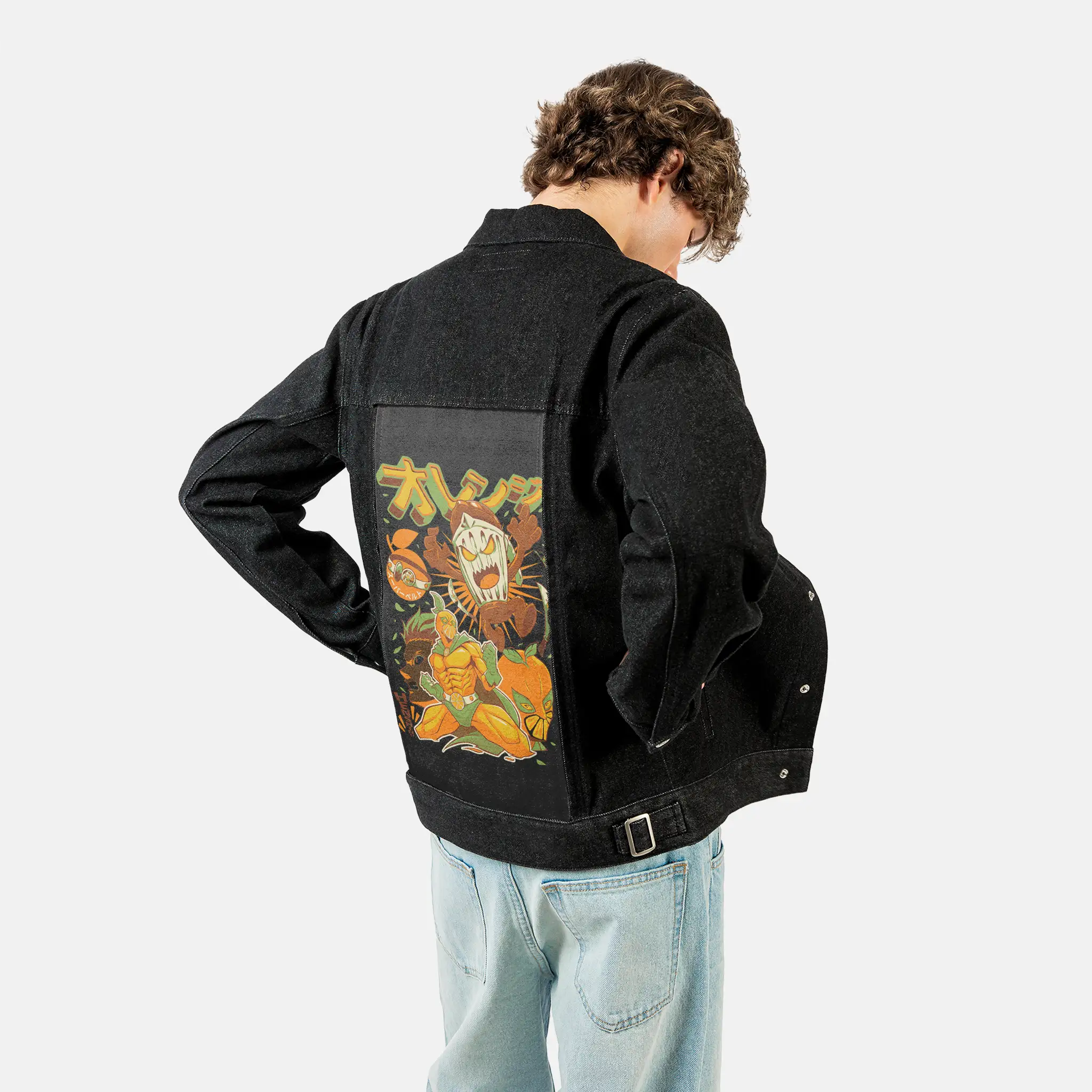 orangehenshin patch on male og denim jacket in raven