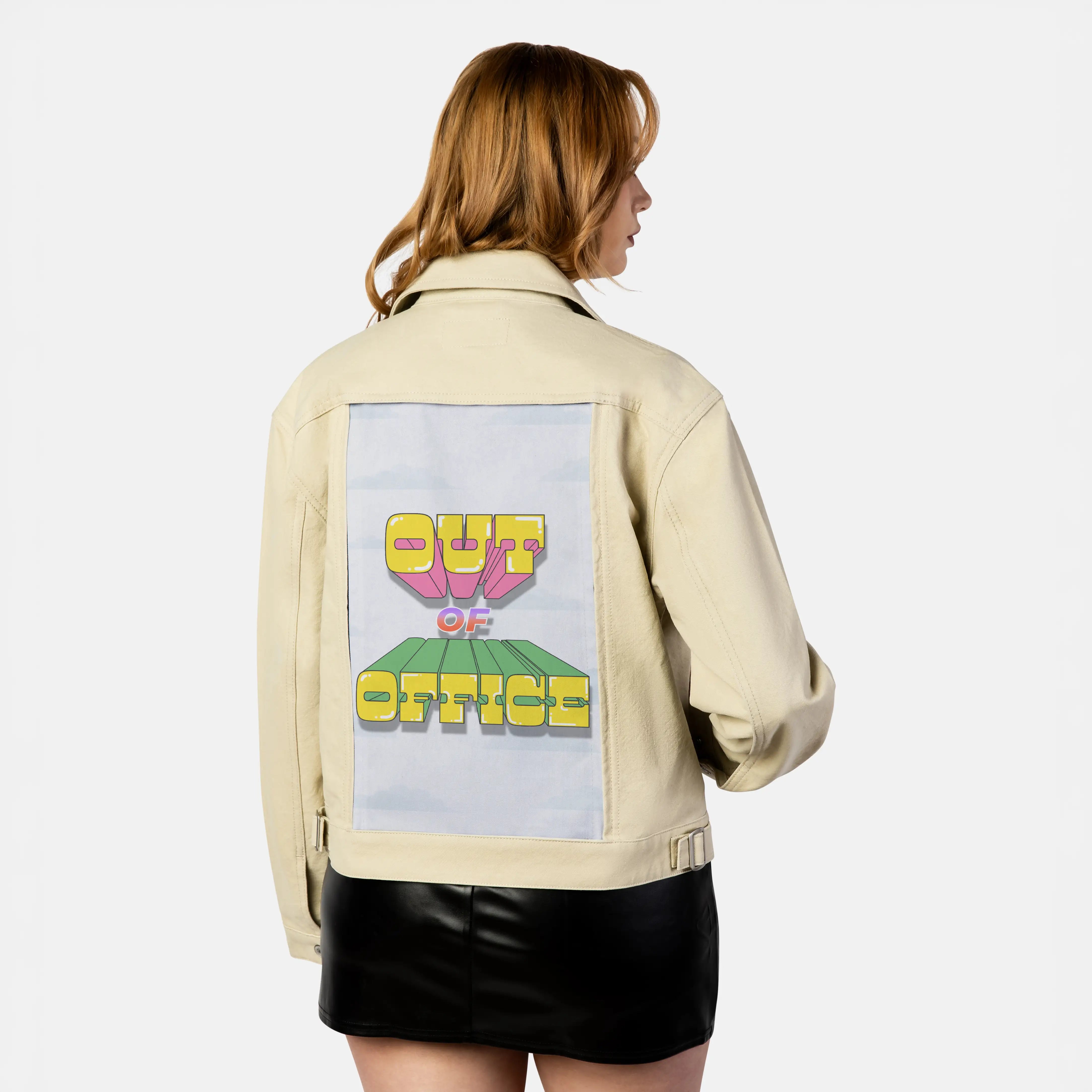outofoffice patch on female atelier canvas jacket in tan