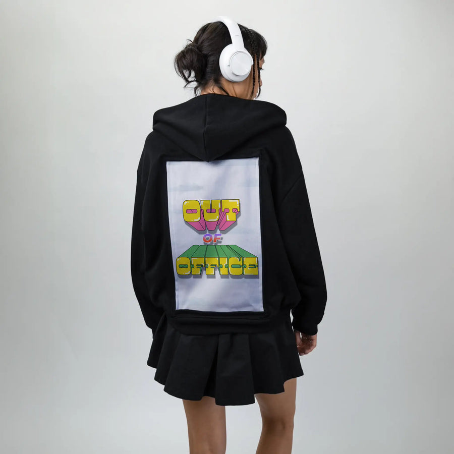 outofoffice patch on female essential zip hoodie in after hours
