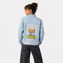 outofoffice patch on female og denim jacket in oceanside