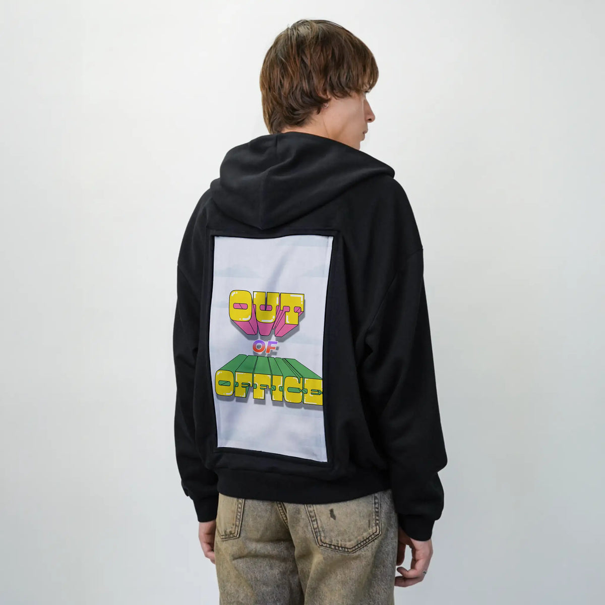 outofoffice patch on male essential zip hoodie in after hours