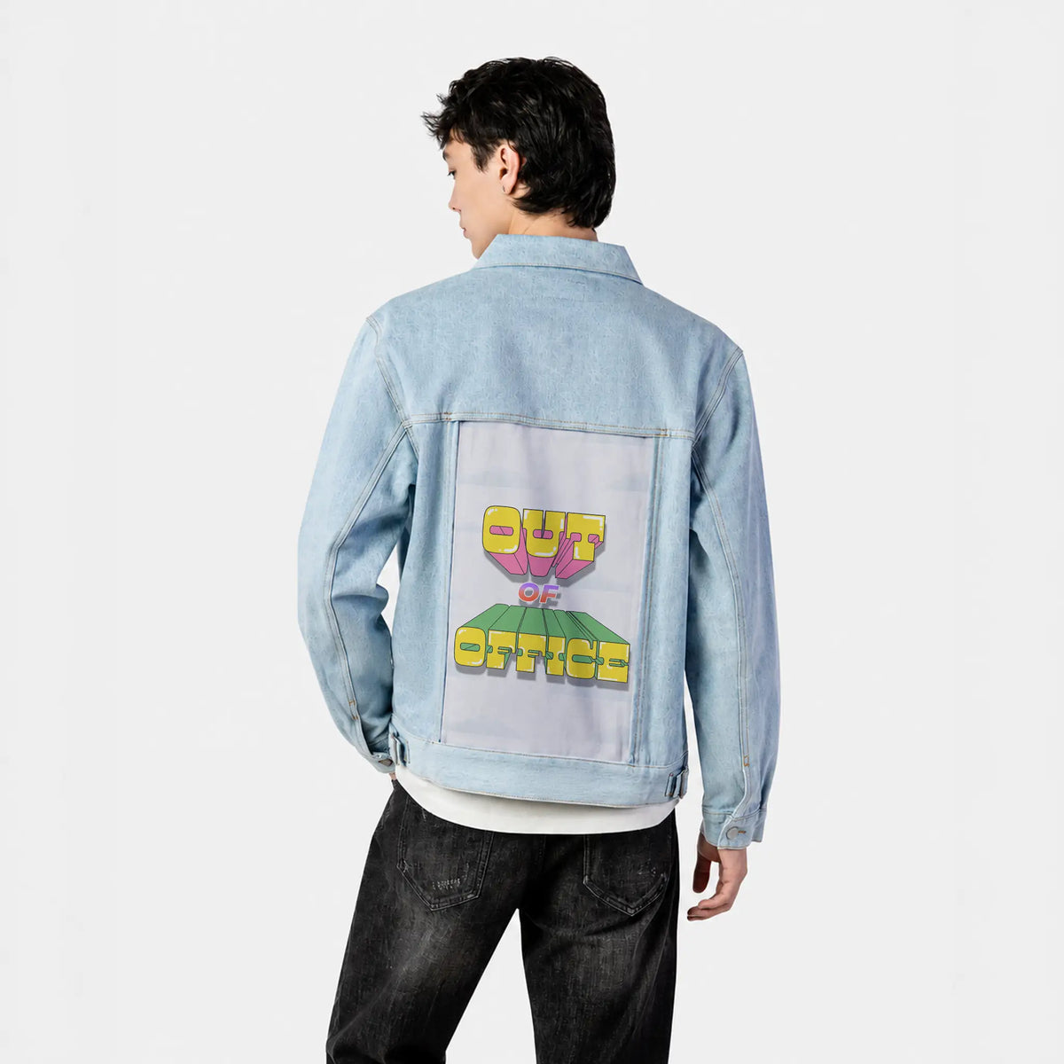 outofoffice patch on male og denim jacket in oceanside