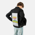 outofoffice patch on male og denim jacket in raven