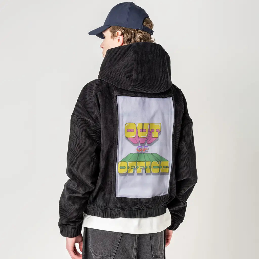 outofoffice patch on male retro cord hoodie in onyx