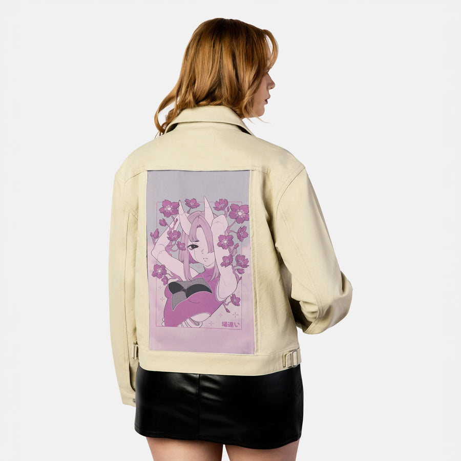 outofplace patch on female atelier canvas jacket in tan