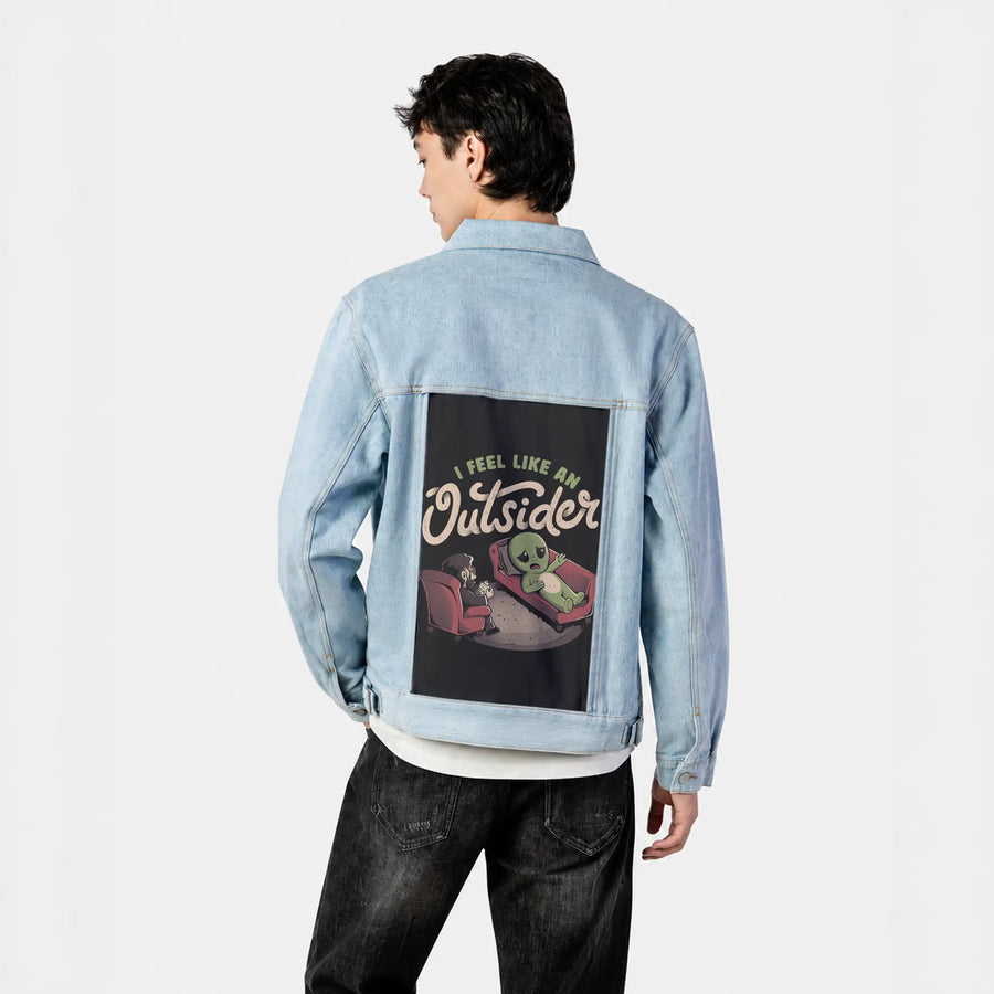 outsiderfeels patch on male og denim jacket in oceanside