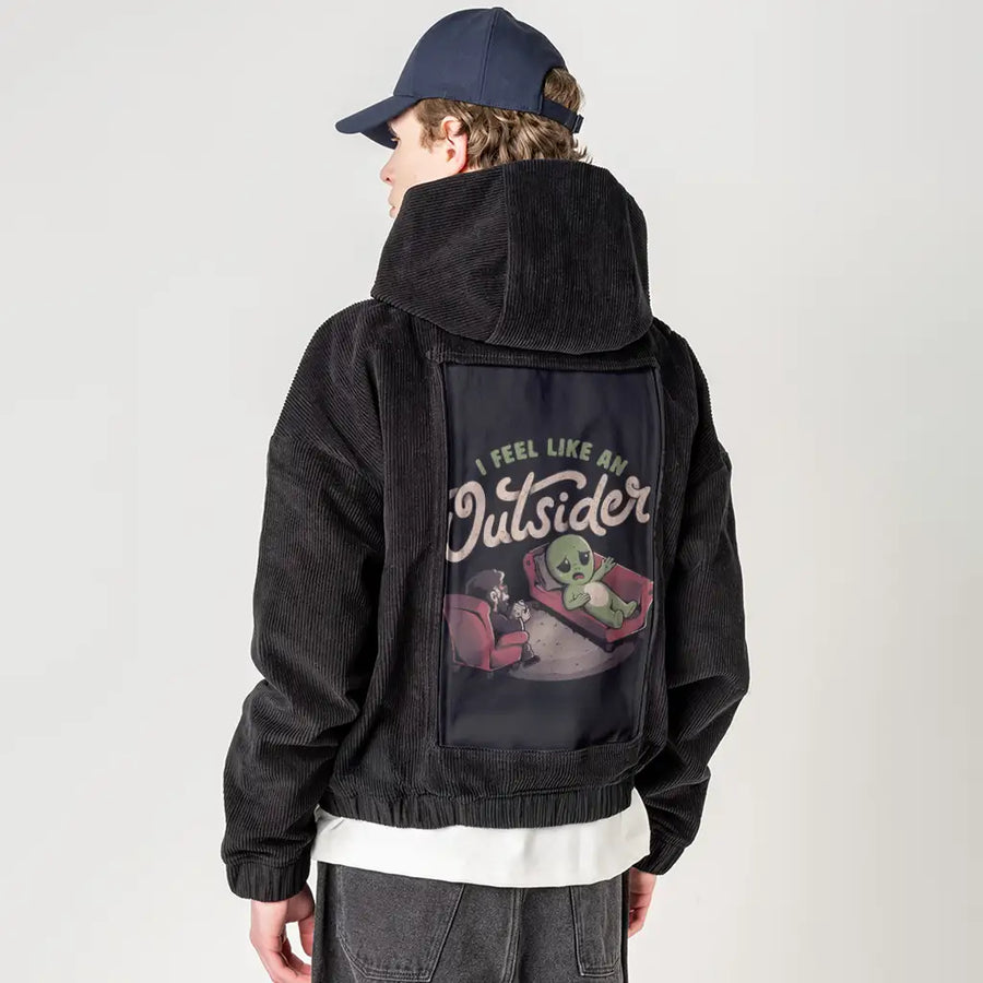 outsiderfeels patch on male retro cord hoodie in onyx