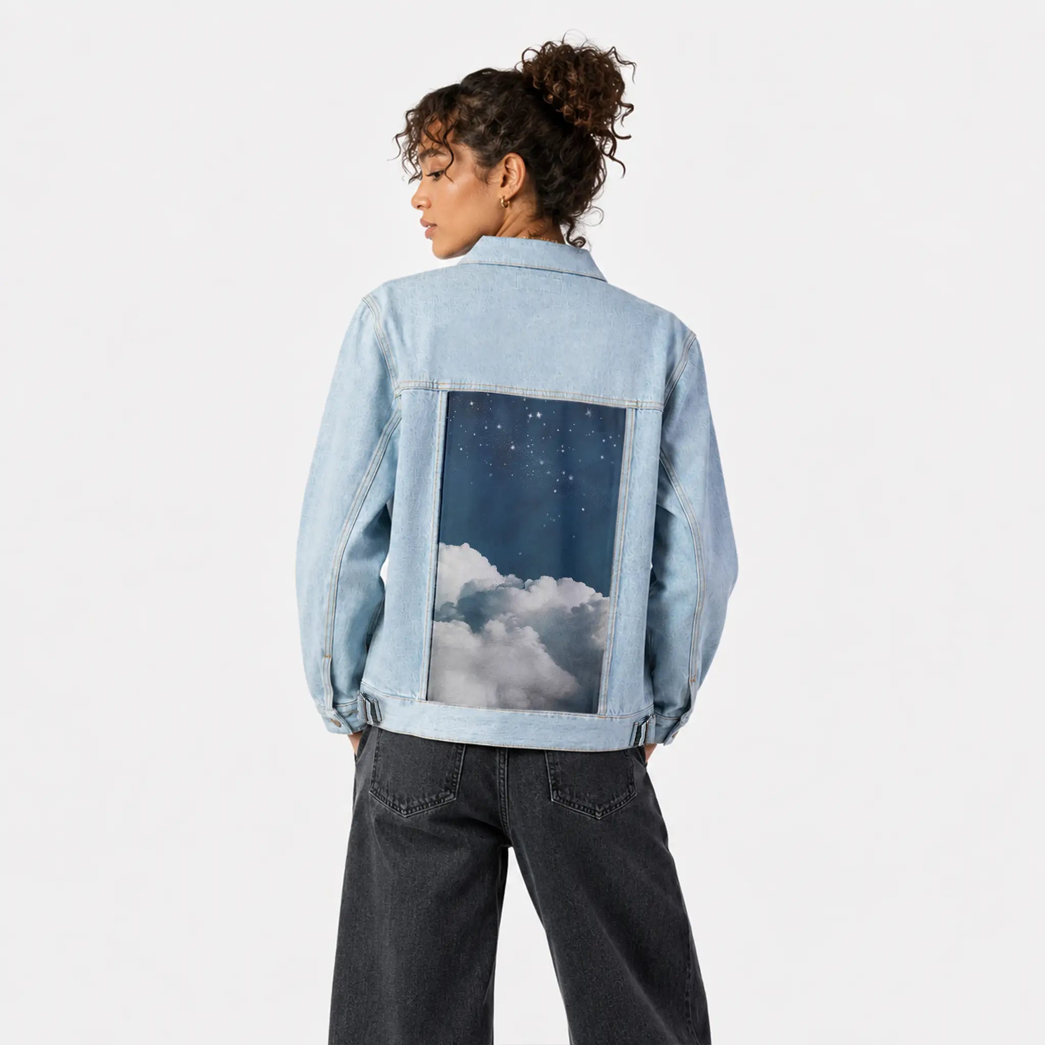 paintedclouds patch on female og denim jacket in oceanside