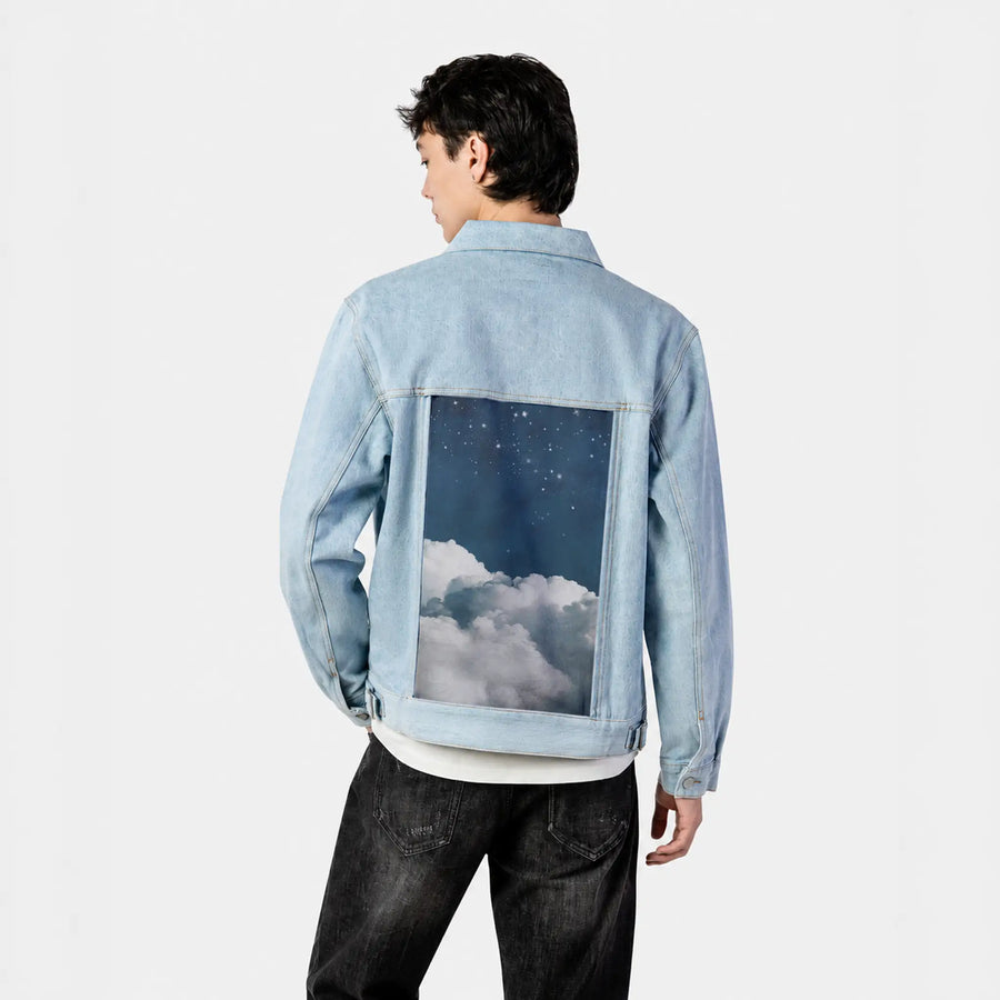 paintedclouds patch on male og denim jacket in oceanside