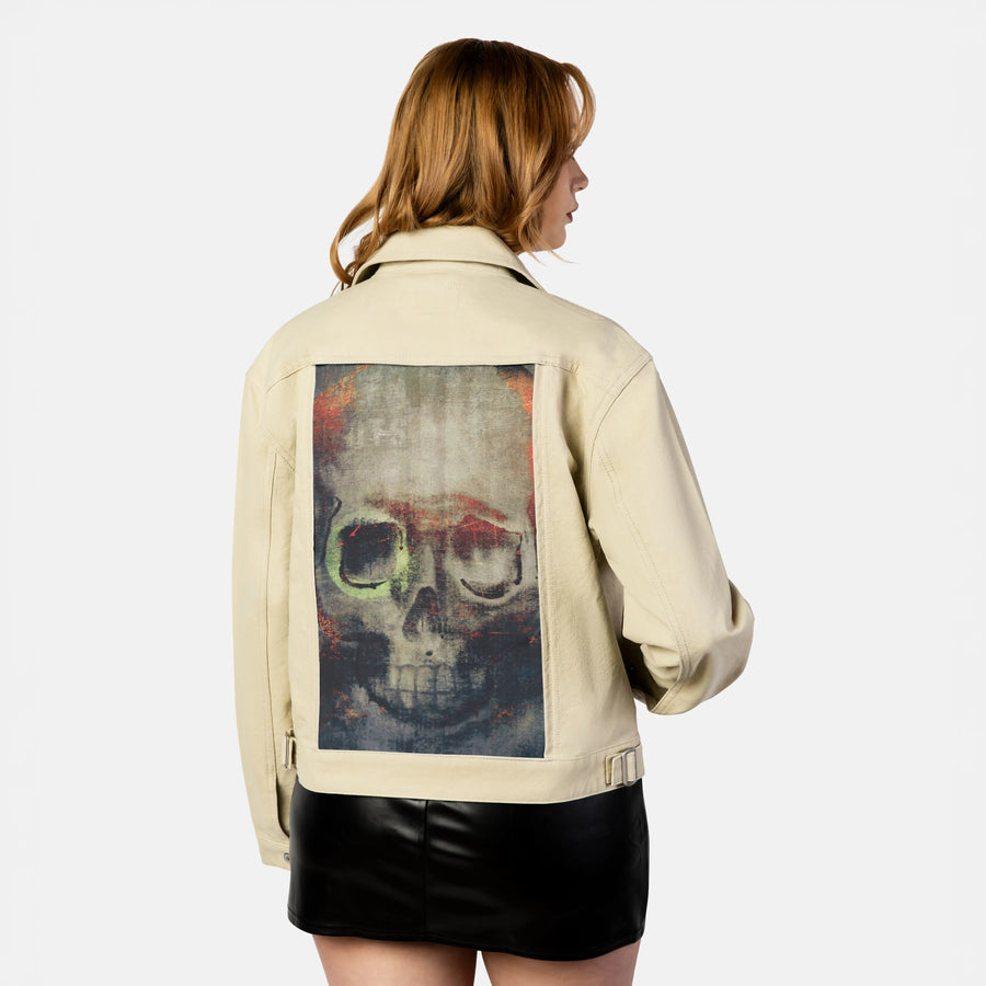 paintedskull patch on female atelier canvas jacket in tan