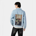 paintedskull patch on male og denim jacket in oceanside