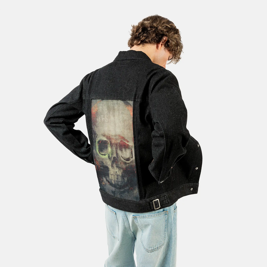 paintedskull patch on male og denim jacket in raven