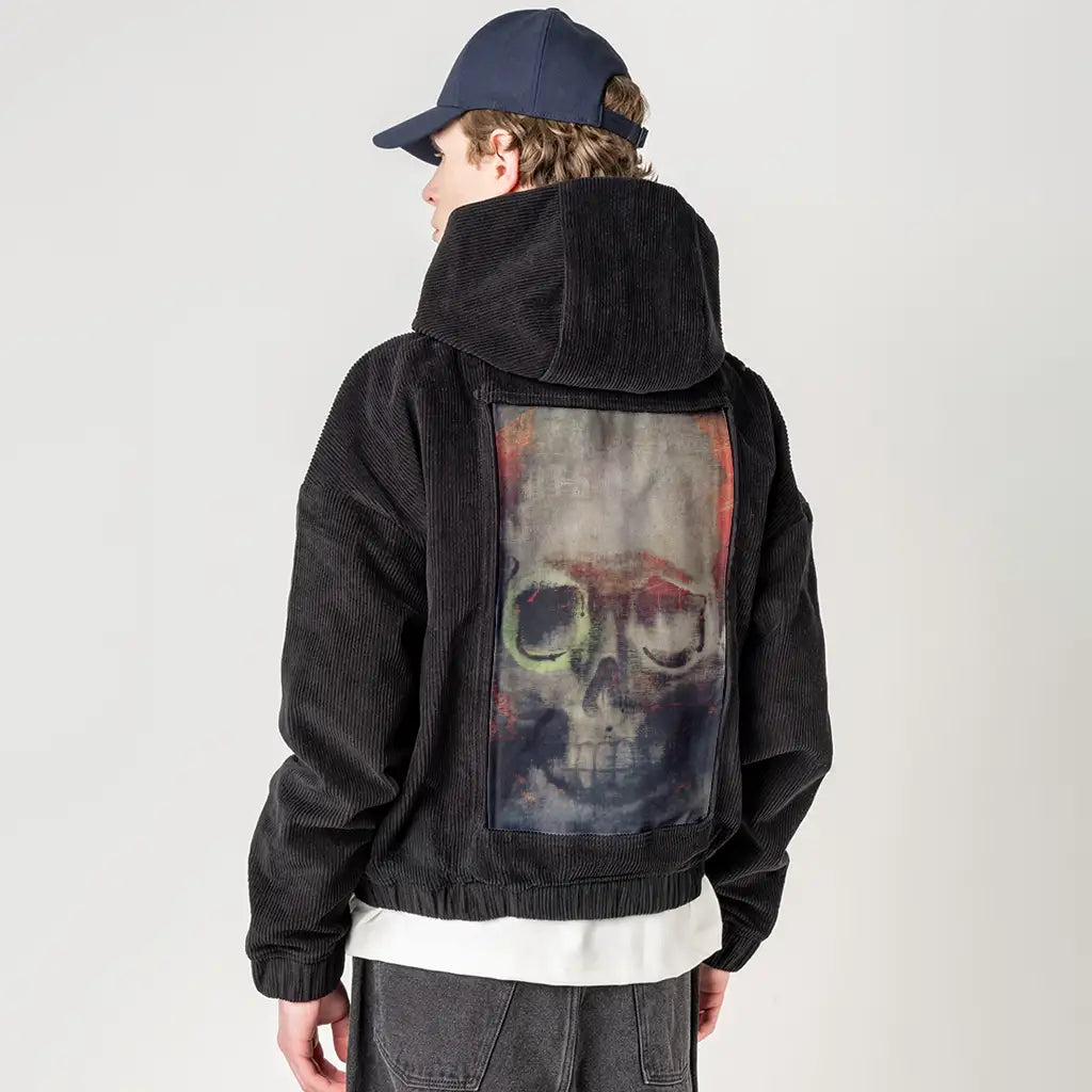 paintedskull patch on male retro cord hoodie in onyx