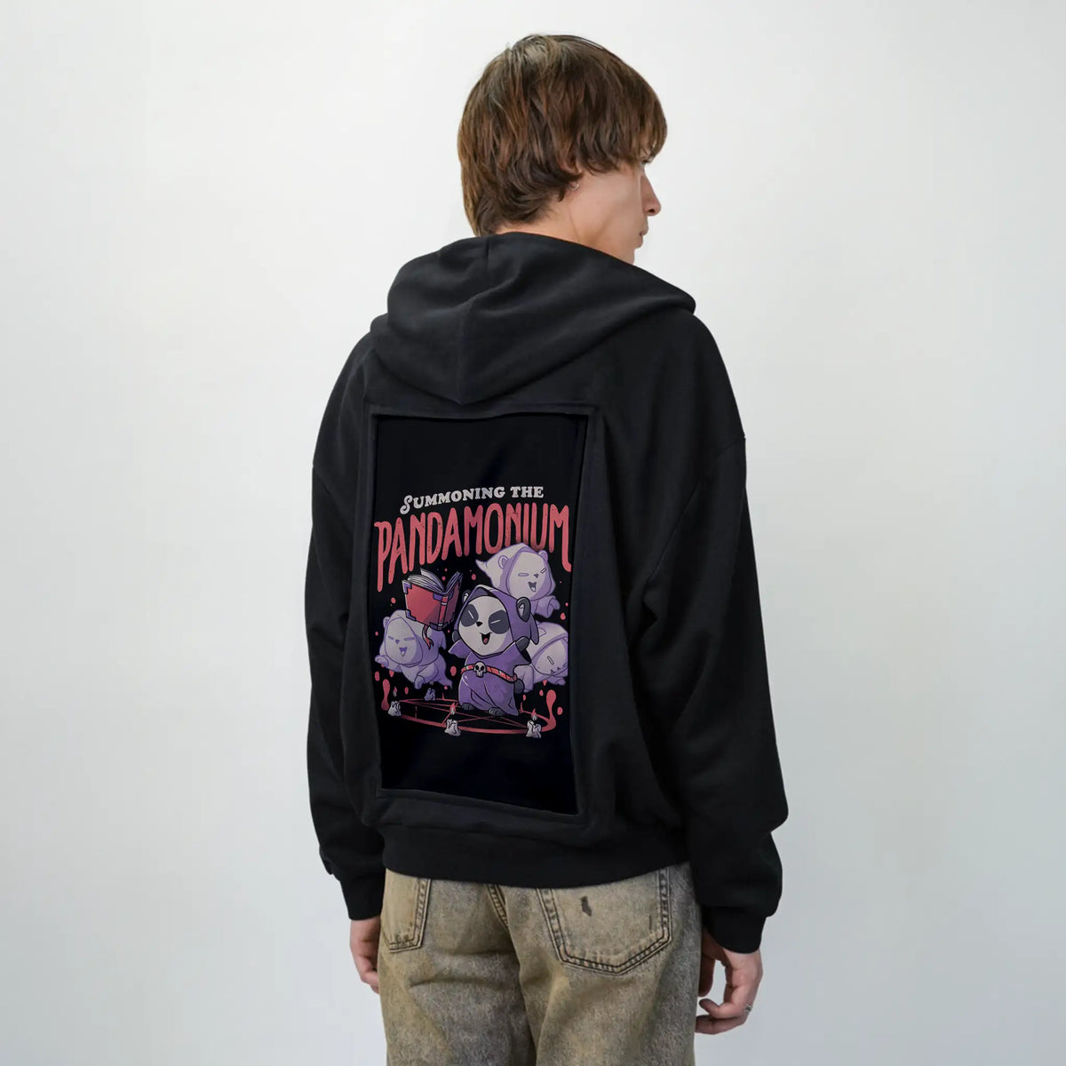 pandamonium patch on male essential zip hoodie in after hours
