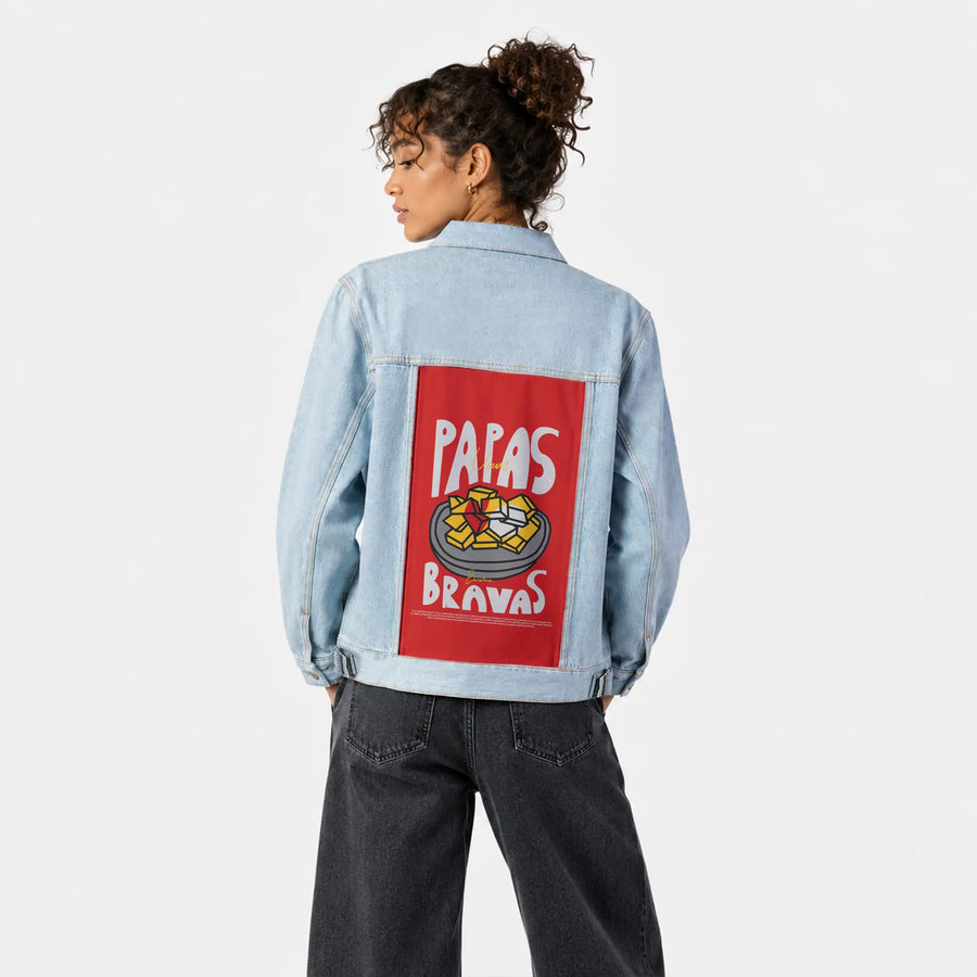 papasbravas patch on female og denim jacket in oceanside