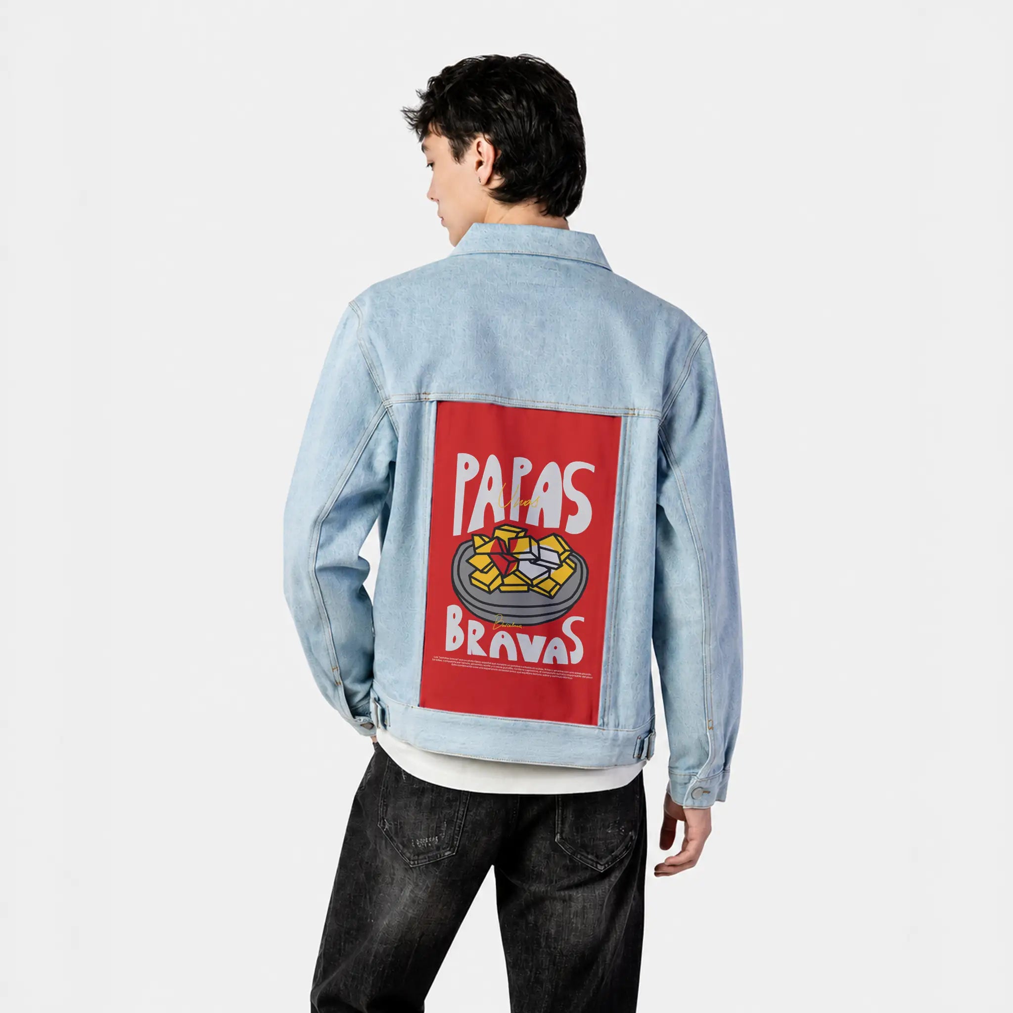 papasbravas patch on male og denim jacket in oceanside