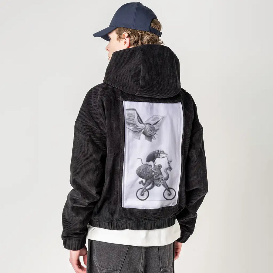 paperchase patch on male retro cord hoodie in onyx