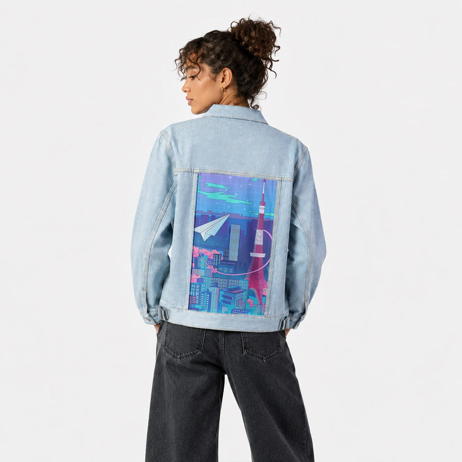 paperplanecity patch on female og denim jacket in oceanside