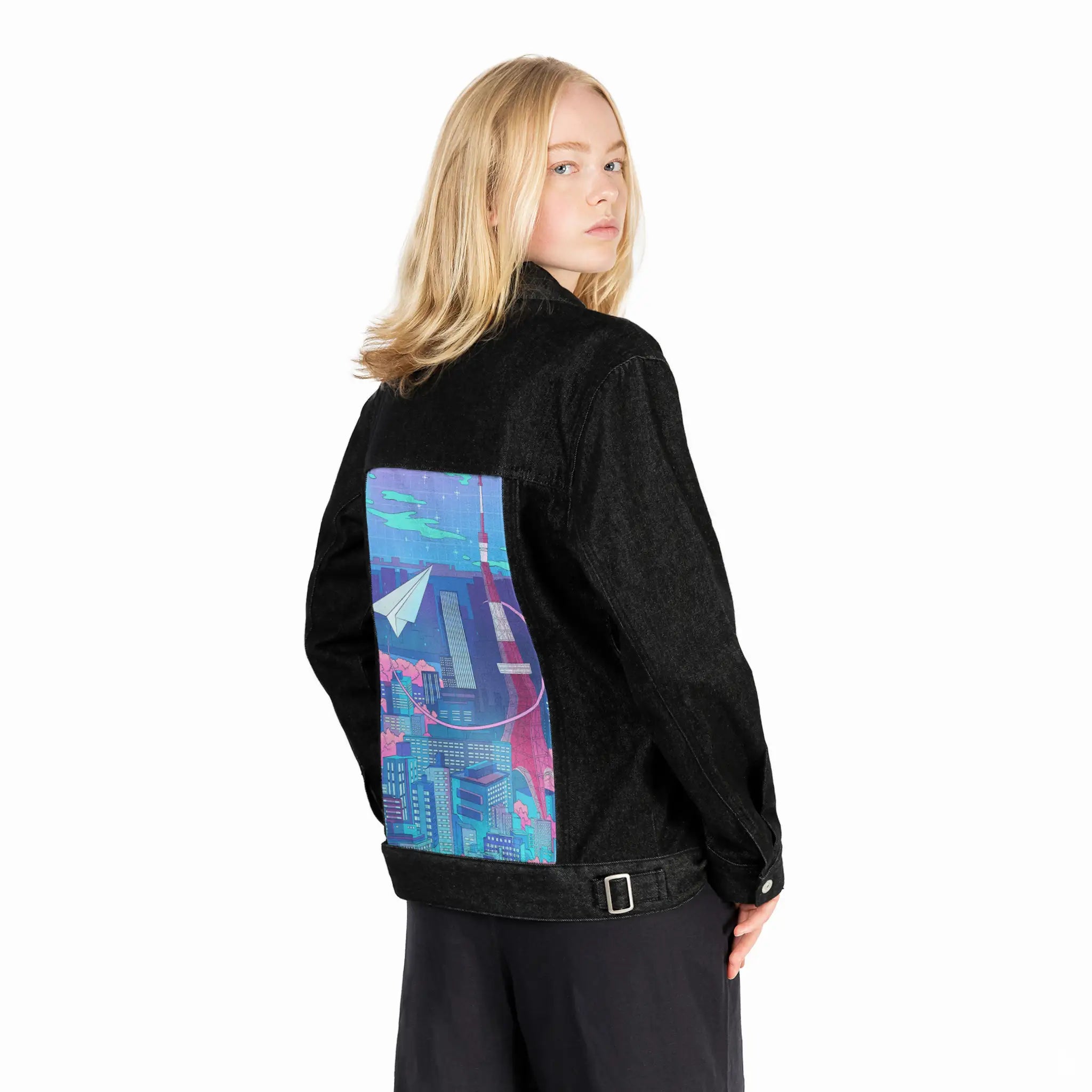 paperplanecity patch on female og denim jacket in raven