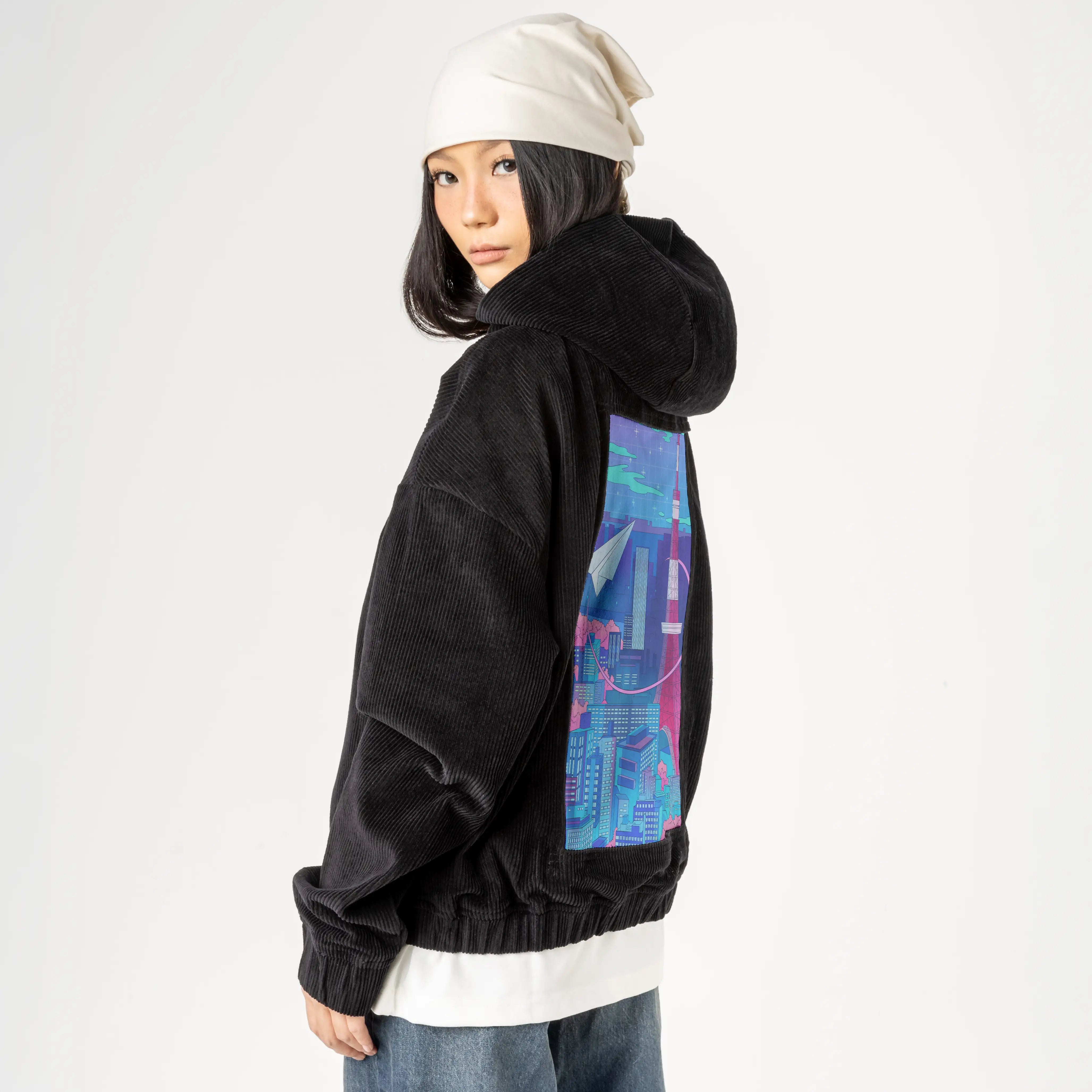 paperplanecity patch on female retro cord hoodie in onyx