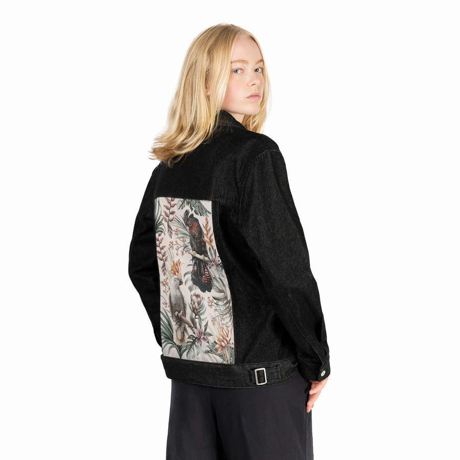parrotsparadiselight patch on female og denim jacket in raven