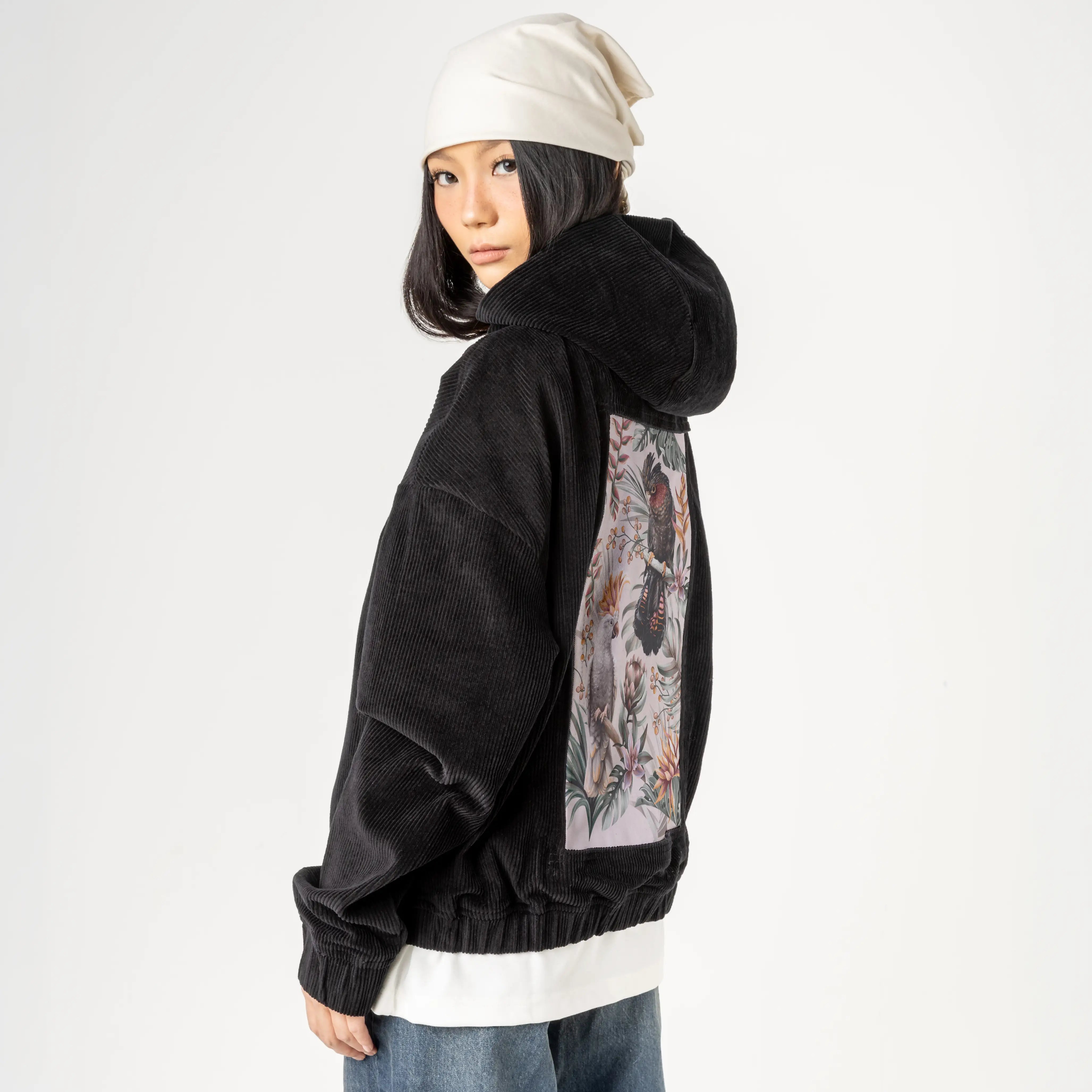 parrotsparadiselight patch on female retro cord hoodie in onyx