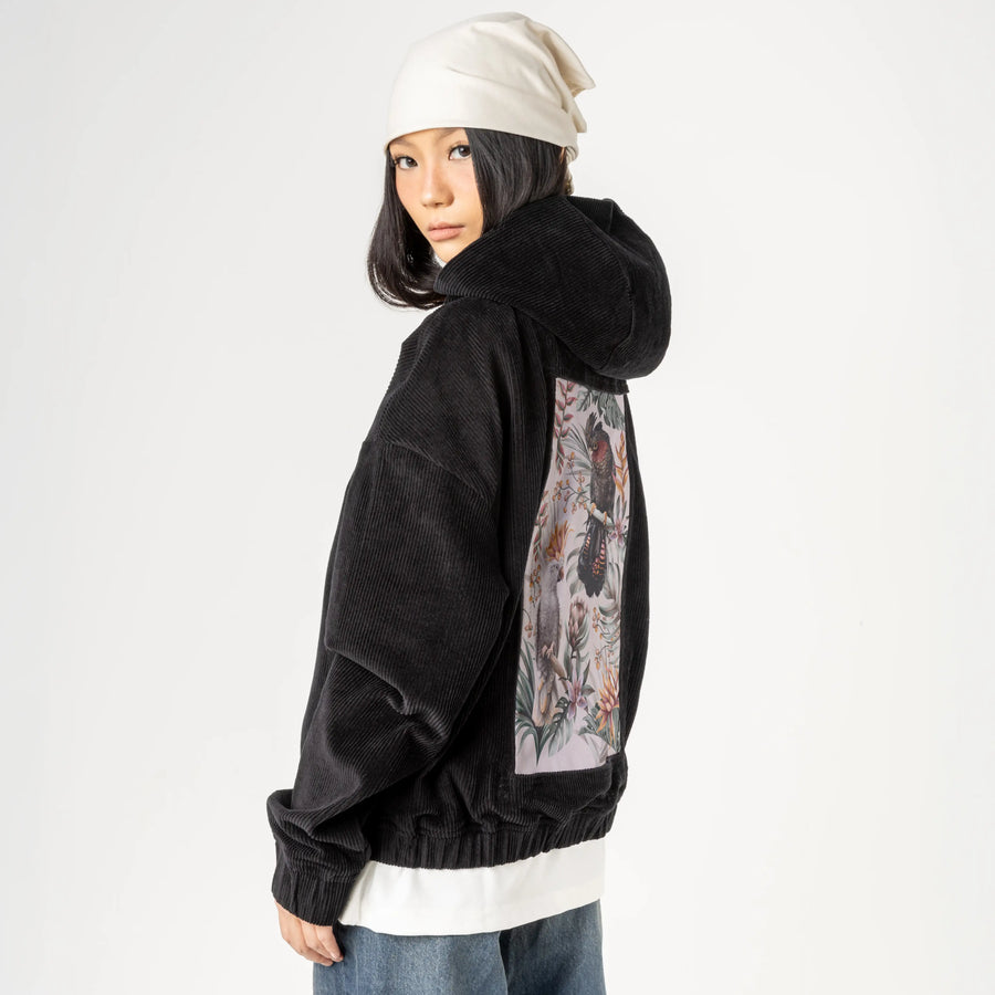 parrotsparadiselight patch on female retro cord hoodie in onyx